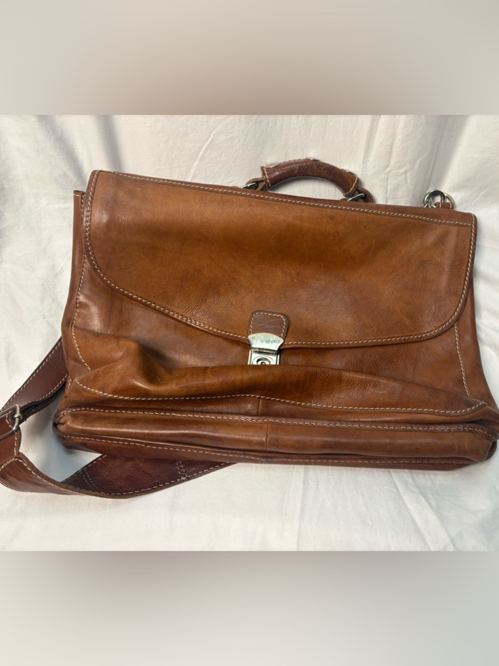 Floto Parma Italian Leather Briefcase Messenger Bag Cognac Brown Made in Italy